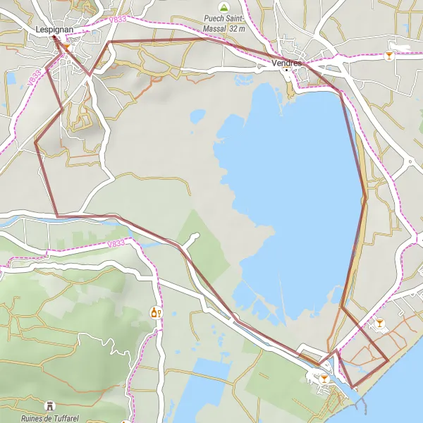 Miniature de la carte de l'inspiration cycliste "Parcours VTT gravel entre Lespignan et Vendres" dans la Languedoc-Roussillon, France. Générée par le planificateur d'itinéraire cycliste Tarmacs.app