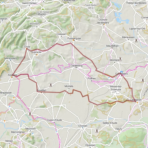 Map miniature of "Lespignan Gravel Challenge" cycling inspiration in Languedoc-Roussillon, France. Generated by Tarmacs.app cycling route planner