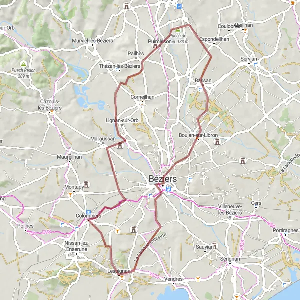Miniature de la carte de l'inspiration cycliste "Boucle VTT gravel vers Puissalicon depuis Lespignan" dans la Languedoc-Roussillon, France. Générée par le planificateur d'itinéraire cycliste Tarmacs.app