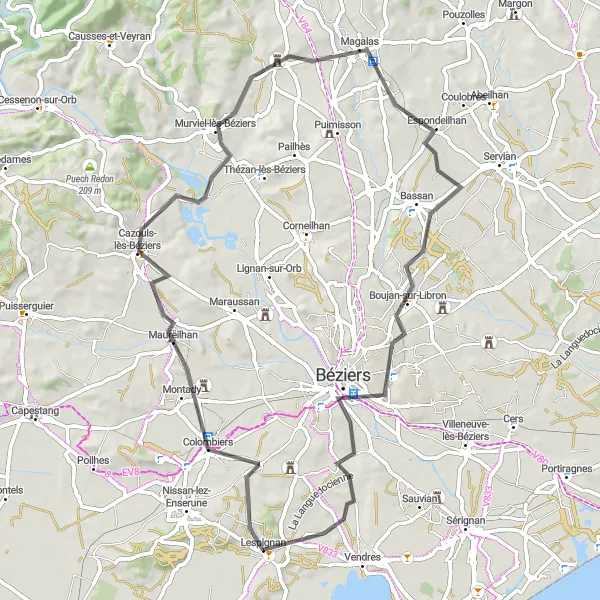 Map miniature of "Road Route from Lespignan to Boujan-sur-Libron" cycling inspiration in Languedoc-Roussillon, France. Generated by Tarmacs.app cycling route planner