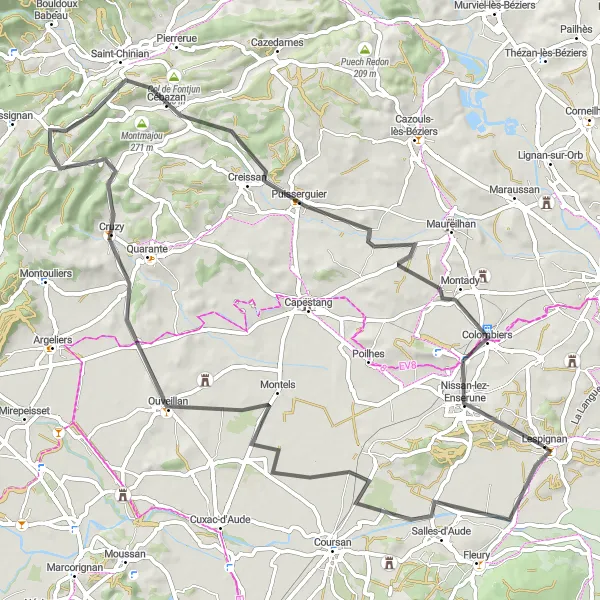 Map miniature of "Road Route from Lespignan to Colombiers" cycling inspiration in Languedoc-Roussillon, France. Generated by Tarmacs.app cycling route planner