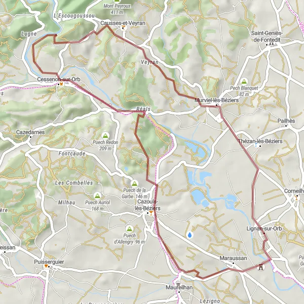 Miniature de la carte de l'inspiration cycliste "Les Collines et les Chemins" dans la Languedoc-Roussillon, France. Générée par le planificateur d'itinéraire cycliste Tarmacs.app