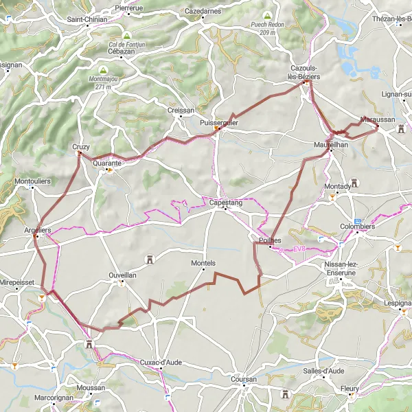 Miniature de la carte de l'inspiration cycliste "Parcours de vélo gravel autour de Lignan-sur-Orb" dans la Languedoc-Roussillon, France. Générée par le planificateur d'itinéraire cycliste Tarmacs.app