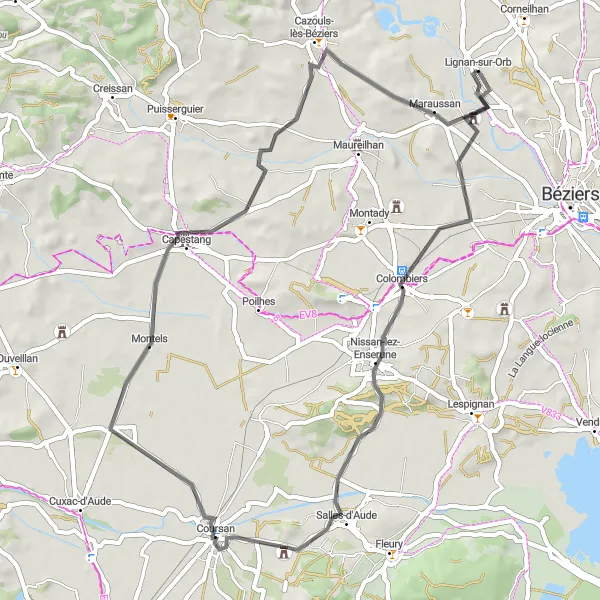 Miniature de la carte de l'inspiration cycliste "Parcours cyclable sur route au départ de Lignan-sur-Orb" dans la Languedoc-Roussillon, France. Générée par le planificateur d'itinéraire cycliste Tarmacs.app