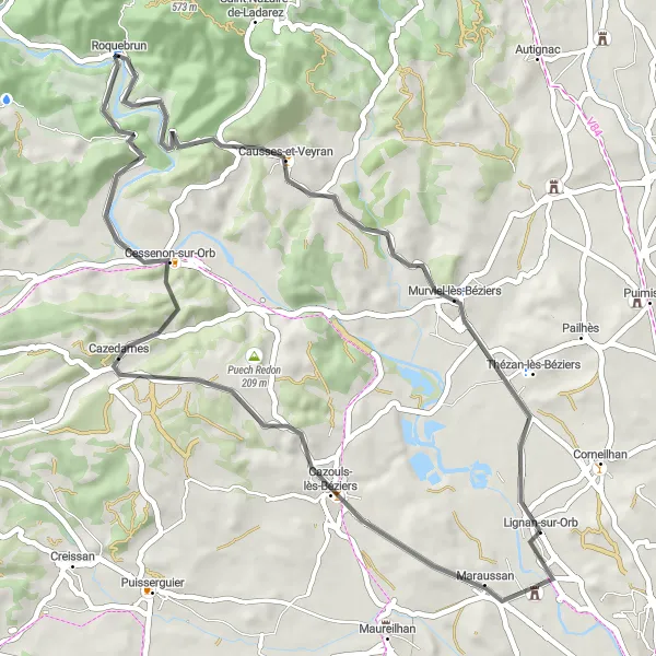 Map miniature of "Countryside Escape from Lignan-sur-Orb" cycling inspiration in Languedoc-Roussillon, France. Generated by Tarmacs.app cycling route planner