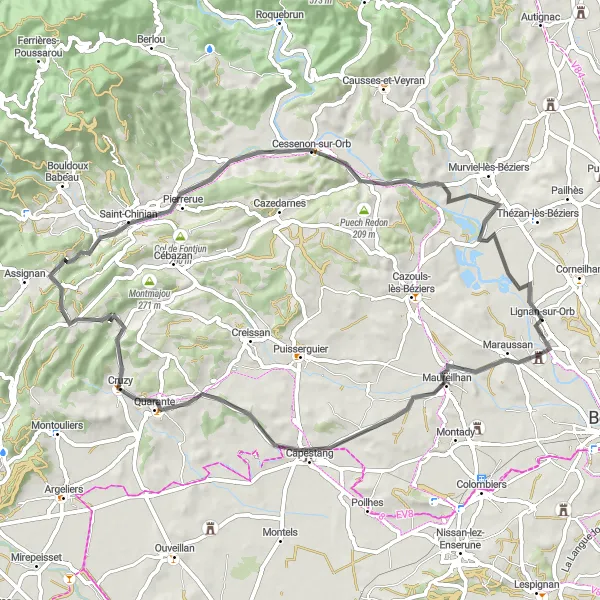 Map miniature of "Circuit de Lignan-sur-Orb" cycling inspiration in Languedoc-Roussillon, France. Generated by Tarmacs.app cycling route planner