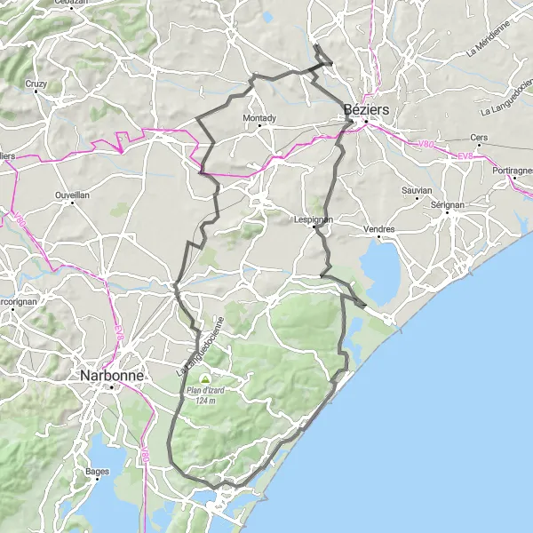 Map miniature of "La Route des Vins" cycling inspiration in Languedoc-Roussillon, France. Generated by Tarmacs.app cycling route planner