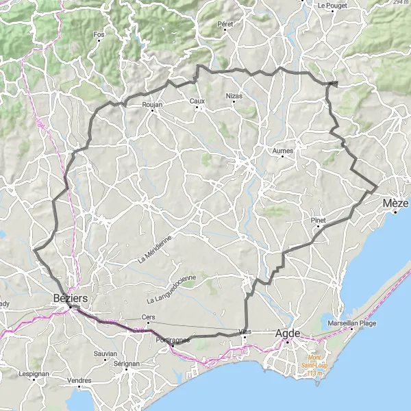 Miniature de la carte de l'inspiration cycliste "Les Châteaux et les Vignobles" dans la Languedoc-Roussillon, France. Générée par le planificateur d'itinéraire cycliste Tarmacs.app