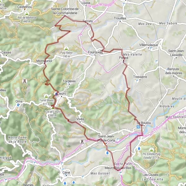 Map miniature of "Gravel Adventure in the Catalan Countryside" cycling inspiration in Languedoc-Roussillon, France. Generated by Tarmacs.app cycling route planner