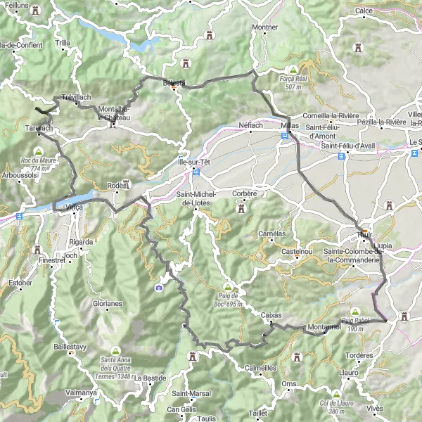 Map miniature of "The Montauriol Loop" cycling inspiration in Languedoc-Roussillon, France. Generated by Tarmacs.app cycling route planner