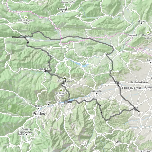 Map miniature of "The Thuir Challenge" cycling inspiration in Languedoc-Roussillon, France. Generated by Tarmacs.app cycling route planner