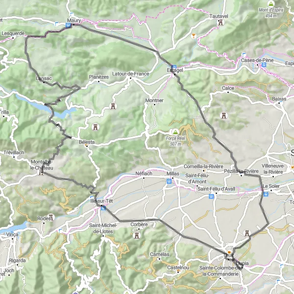 Map miniature of "Cycling through the Vineyards of Thuir" cycling inspiration in Languedoc-Roussillon, France. Generated by Tarmacs.app cycling route planner