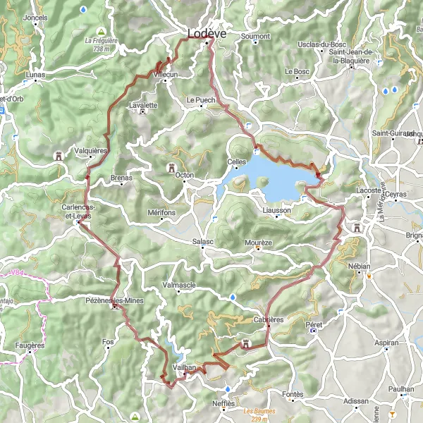 Miniature de la carte de l'inspiration cycliste "Le Tour du Lac du Salagou" dans la Languedoc-Roussillon, France. Générée par le planificateur d'itinéraire cycliste Tarmacs.app