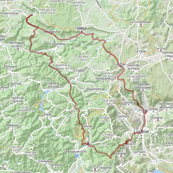 Miniature de la carte de l'inspiration cycliste "Le Défi du Col de l'Homme Mort" dans la Languedoc-Roussillon, France. Générée par le planificateur d'itinéraire cycliste Tarmacs.app