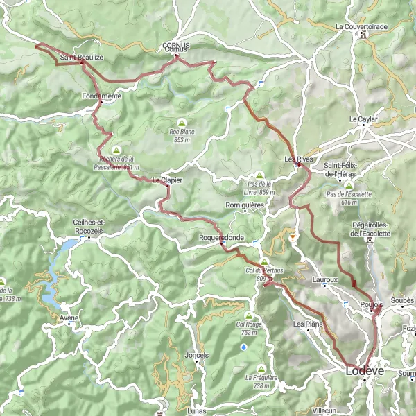 Miniature de la carte de l'inspiration cycliste "L'Émerveillement du Mont Galdou" dans la Languedoc-Roussillon, France. Générée par le planificateur d'itinéraire cycliste Tarmacs.app