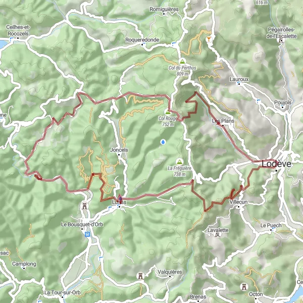 Miniature de la carte de l'inspiration cycliste "Les Cévennes Gravel Adventure" dans la Languedoc-Roussillon, France. Générée par le planificateur d'itinéraire cycliste Tarmacs.app
