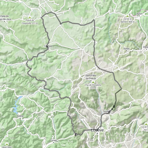 Miniature de la carte de l'inspiration cycliste "Challenge des Montagnes" dans la Languedoc-Roussillon, France. Générée par le planificateur d'itinéraire cycliste Tarmacs.app