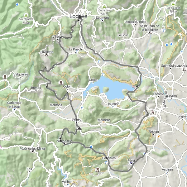 Miniature de la carte de l'inspiration cycliste "Randonnée à travers les Vallées Cachées" dans la Languedoc-Roussillon, France. Générée par le planificateur d'itinéraire cycliste Tarmacs.app