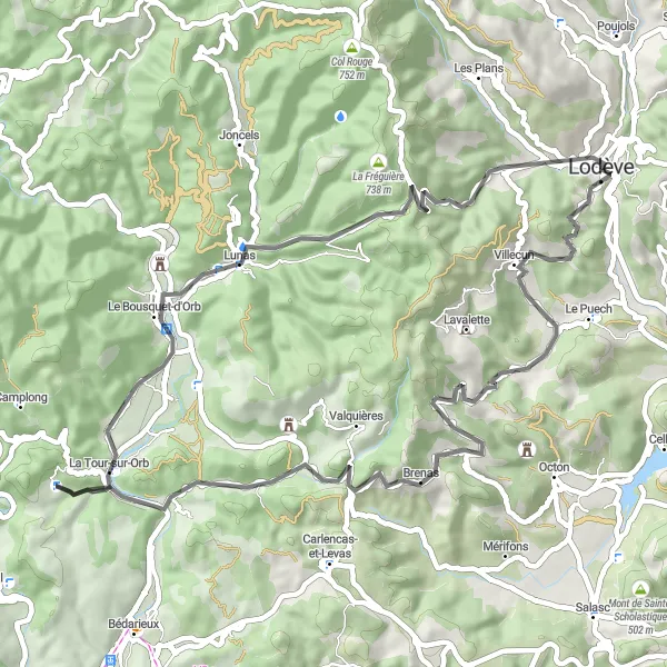 Miniature de la carte de l'inspiration cycliste "Aventure dans les Monts d'Orb" dans la Languedoc-Roussillon, France. Générée par le planificateur d'itinéraire cycliste Tarmacs.app