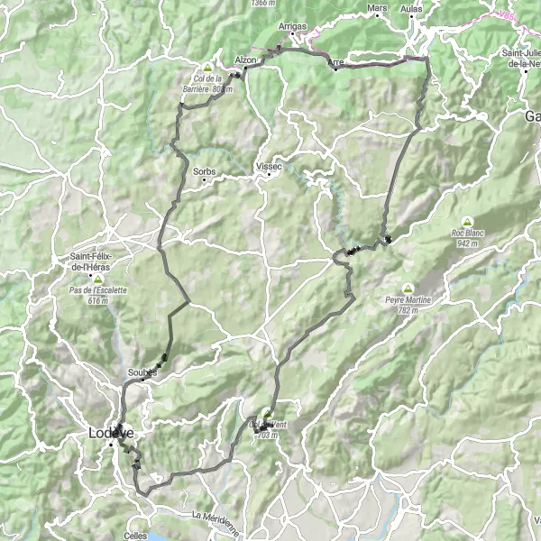 Miniature de la carte de l'inspiration cycliste "La Grande Boucle de la Vallée de l'Hérault" dans la Languedoc-Roussillon, France. Générée par le planificateur d'itinéraire cycliste Tarmacs.app