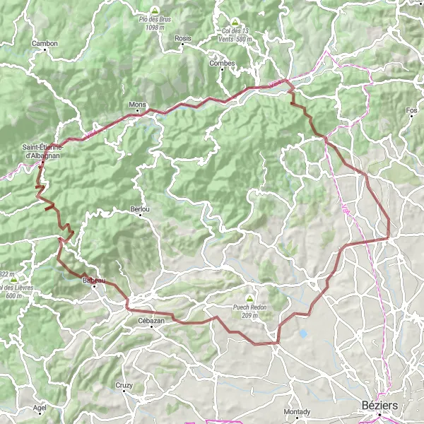 Miniature de la carte de l'inspiration cycliste "Aventure Gravel dans les Collines du Haut-Languedoc" dans la Languedoc-Roussillon, France. Générée par le planificateur d'itinéraire cycliste Tarmacs.app
