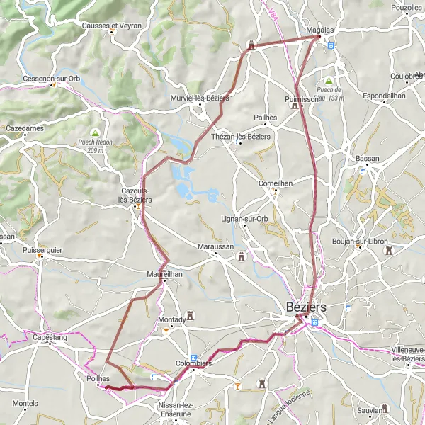 Miniature de la carte de l'inspiration cycliste "Balade panoramique entre étangs et villages" dans la Languedoc-Roussillon, France. Générée par le planificateur d'itinéraire cycliste Tarmacs.app