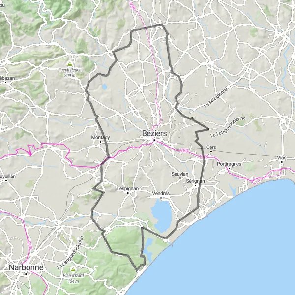 Miniature de la carte de l'inspiration cycliste "Parcours pittoresque à travers les vignobles" dans la Languedoc-Roussillon, France. Générée par le planificateur d'itinéraire cycliste Tarmacs.app