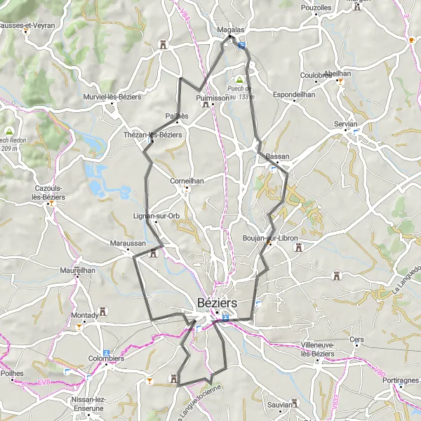 Miniature de la carte de l'inspiration cycliste "Balade Panoramique le Long de l'Orb" dans la Languedoc-Roussillon, France. Générée par le planificateur d'itinéraire cycliste Tarmacs.app