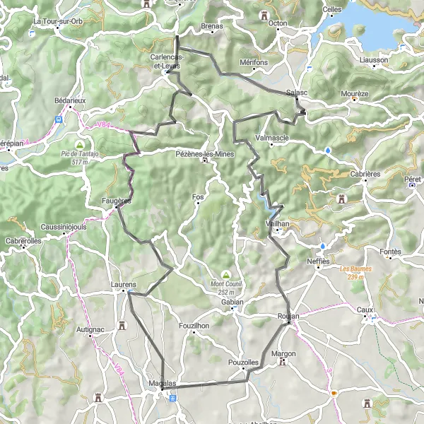Miniature de la carte de l'inspiration cycliste "Parcours de Route des Vallées et Collines" dans la Languedoc-Roussillon, France. Générée par le planificateur d'itinéraire cycliste Tarmacs.app