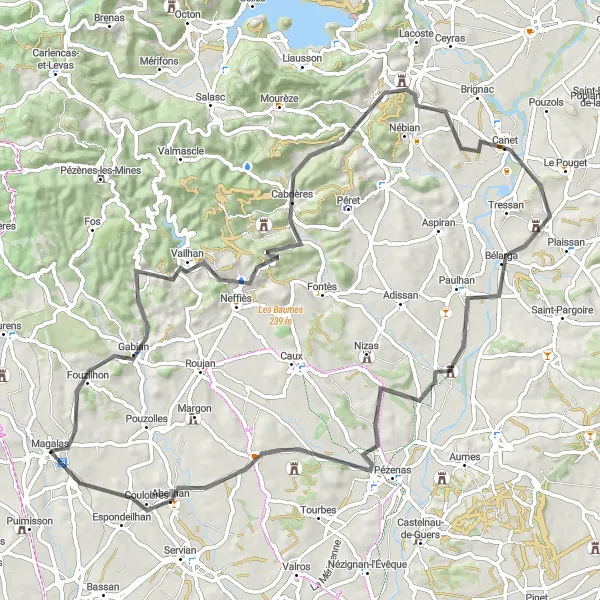 Miniature de la carte de l'inspiration cycliste "Parcours panoramique entre villages et belvédères" dans la Languedoc-Roussillon, France. Générée par le planificateur d'itinéraire cycliste Tarmacs.app