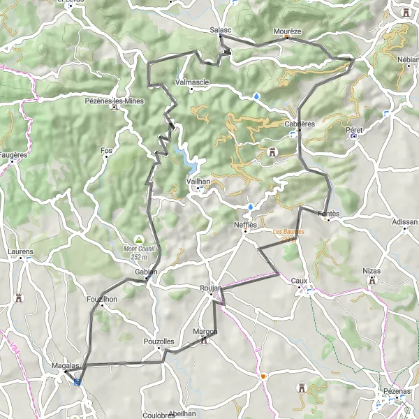 Map miniature of "Marvellous Montagnac Route" cycling inspiration in Languedoc-Roussillon, France. Generated by Tarmacs.app cycling route planner