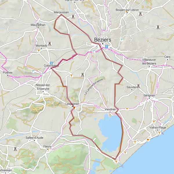 Map miniature of "Exploring Gravel Trails" cycling inspiration in Languedoc-Roussillon, France. Generated by Tarmacs.app cycling route planner