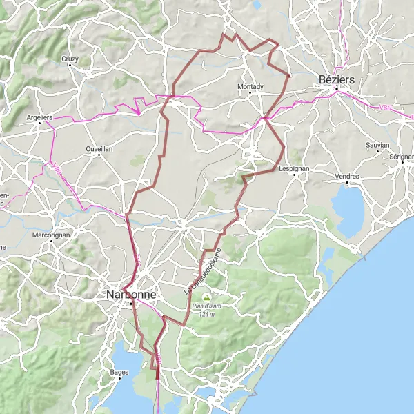 Miniature de la carte de l'inspiration cycliste "Excursion dans les vignobles de l'Aude" dans la Languedoc-Roussillon, France. Générée par le planificateur d'itinéraire cycliste Tarmacs.app