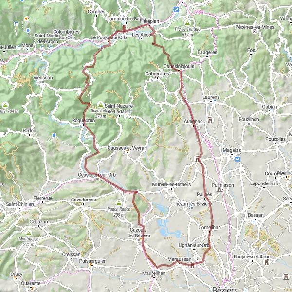 Map miniature of "Beziers Hills Gravel Loop" cycling inspiration in Languedoc-Roussillon, France. Generated by Tarmacs.app cycling route planner