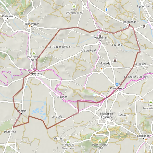 Miniature de la carte de l'inspiration cycliste "Circuit de Maureilhan" dans la Languedoc-Roussillon, France. Générée par le planificateur d'itinéraire cycliste Tarmacs.app