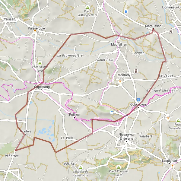 Map miniature of "Gravel Tour around Montady" cycling inspiration in Languedoc-Roussillon, France. Generated by Tarmacs.app cycling route planner