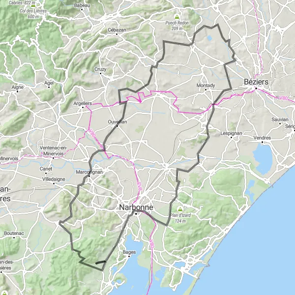Miniature de la carte de l'inspiration cycliste "Le Tour des Abbayes de Narbonne en Vélo de Route" dans la Languedoc-Roussillon, France. Générée par le planificateur d'itinéraire cycliste Tarmacs.app