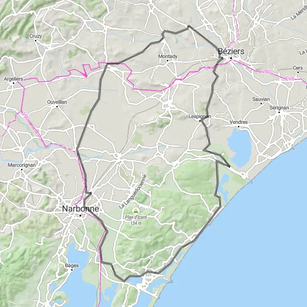 Map miniature of "Narbonne Canal and Coastal Loop" cycling inspiration in Languedoc-Roussillon, France. Generated by Tarmacs.app cycling route planner