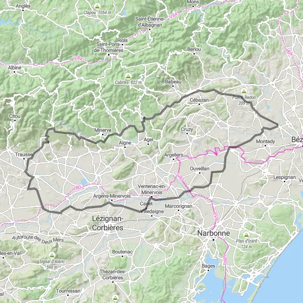 Miniature de la carte de l'inspiration cycliste "Parcours des Minervois" dans la Languedoc-Roussillon, France. Générée par le planificateur d'itinéraire cycliste Tarmacs.app