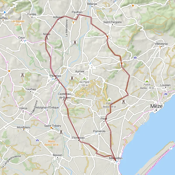 Miniature de la carte de l'inspiration cycliste "Parcours de vélo de gravier autour de Marseillan" dans la Languedoc-Roussillon, France. Générée par le planificateur d'itinéraire cycliste Tarmacs.app