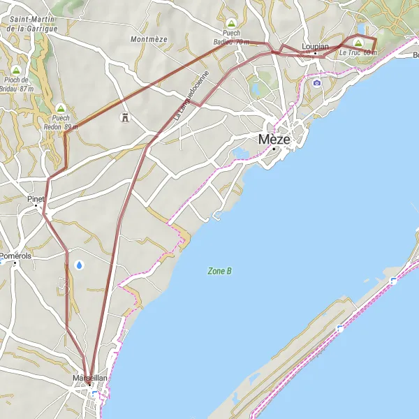 Map miniature of "Gravel Route from Marseillan to Loupian via Le Truc" cycling inspiration in Languedoc-Roussillon, France. Generated by Tarmacs.app cycling route planner