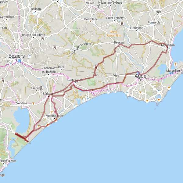Map miniature of "Gravel Route from Marseillan to Bessan and Les Cabanes de Fleury" cycling inspiration in Languedoc-Roussillon, France. Generated by Tarmacs.app cycling route planner