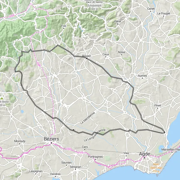 Miniature de la carte de l'inspiration cycliste "Randonnée sportive à travers les villages du Languedoc en vélo de route" dans la Languedoc-Roussillon, France. Générée par le planificateur d'itinéraire cycliste Tarmacs.app