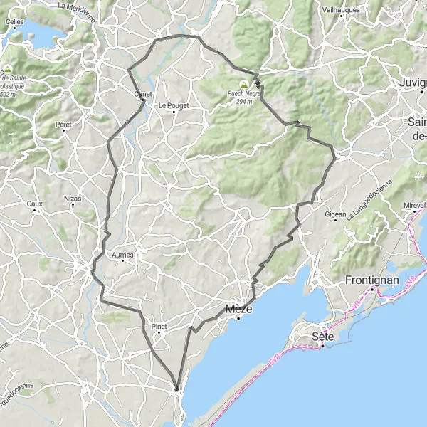 Miniature de la carte de l'inspiration cycliste "Le Tour du Pic Saint Loup" dans la Languedoc-Roussillon, France. Générée par le planificateur d'itinéraire cycliste Tarmacs.app