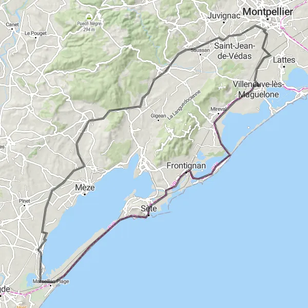 Miniature de la carte de l'inspiration cycliste "Parcours côtier de Marseillan à Sète en vélo de route" dans la Languedoc-Roussillon, France. Générée par le planificateur d'itinéraire cycliste Tarmacs.app