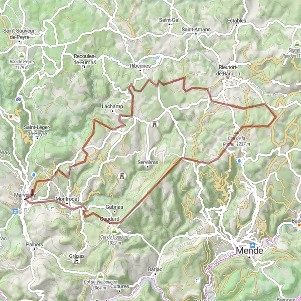 Map miniature of "Gravel Ride through Marvejols" cycling inspiration in Languedoc-Roussillon, France. Generated by Tarmacs.app cycling route planner
