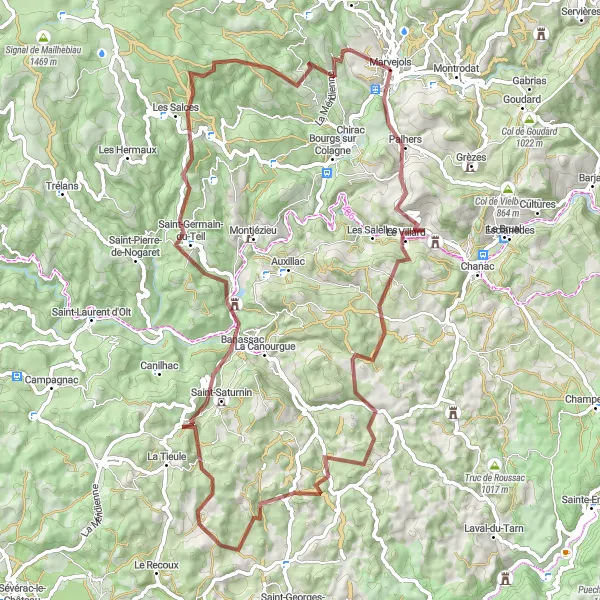 Map miniature of "Palhers and Château de Saint-Saturnin Adventure" cycling inspiration in Languedoc-Roussillon, France. Generated by Tarmacs.app cycling route planner