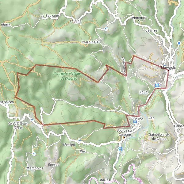 Map miniature of "Bourgs sur Colagne and Col du Trébatut Loop" cycling inspiration in Languedoc-Roussillon, France. Generated by Tarmacs.app cycling route planner