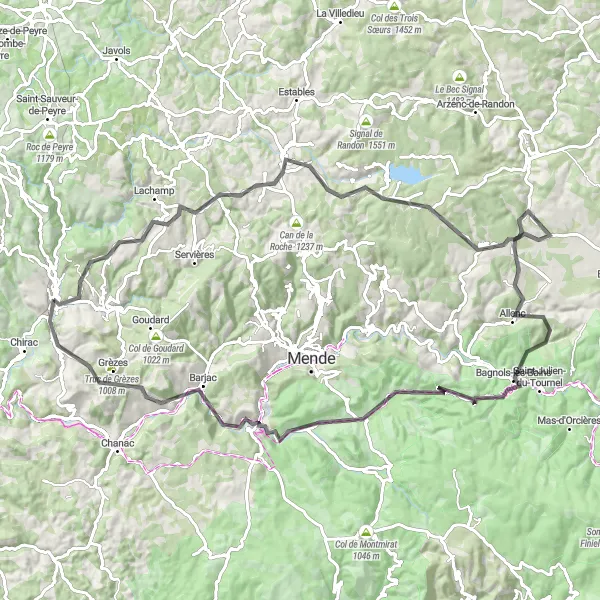 Map miniature of "The Hills of Marvejols" cycling inspiration in Languedoc-Roussillon, France. Generated by Tarmacs.app cycling route planner