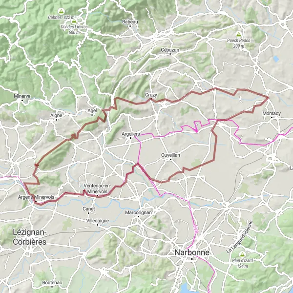 Miniature de la carte de l'inspiration cycliste "Parcours nature à travers les vignobles" dans la Languedoc-Roussillon, France. Générée par le planificateur d'itinéraire cycliste Tarmacs.app